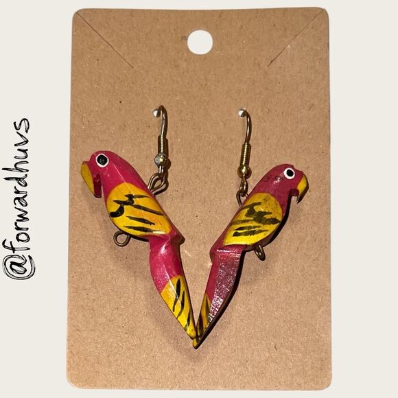 Bohemian Style Hand-Painted Wooden Parrot Earrings – 2” Dangle - Picture 3 of 8